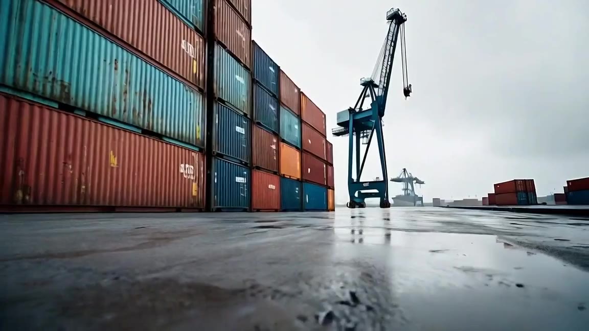 Industrial scenes: a container terminal, an inspection bay, equipment cabinets, sensors, pipework